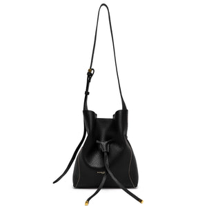 Black leather bucket bag with drawstring top and detachable shoulder strap