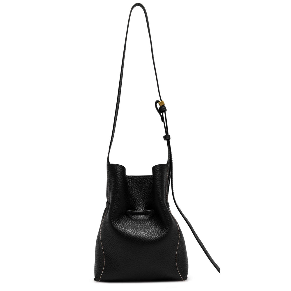 Black leather bucket bag with drawstring top and detachable shoulder strap