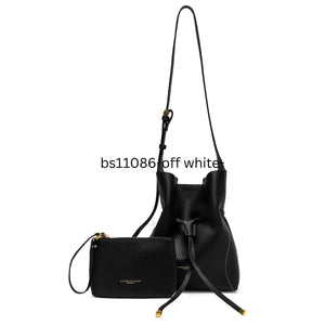 Black leather bucket bag with drawstring top and attached zip pouch