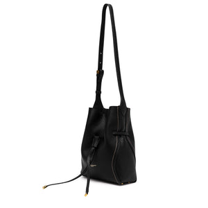 Black leather bucket bag with drawstring top and long shoulder strap