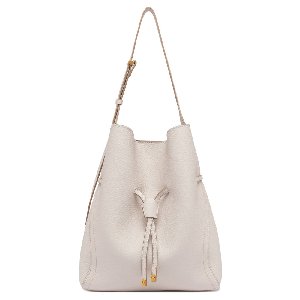 Off-white leather bucket bag with drawstring closure and two top handles