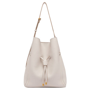 Off-white leather bucket bag with drawstring closure and two top handles