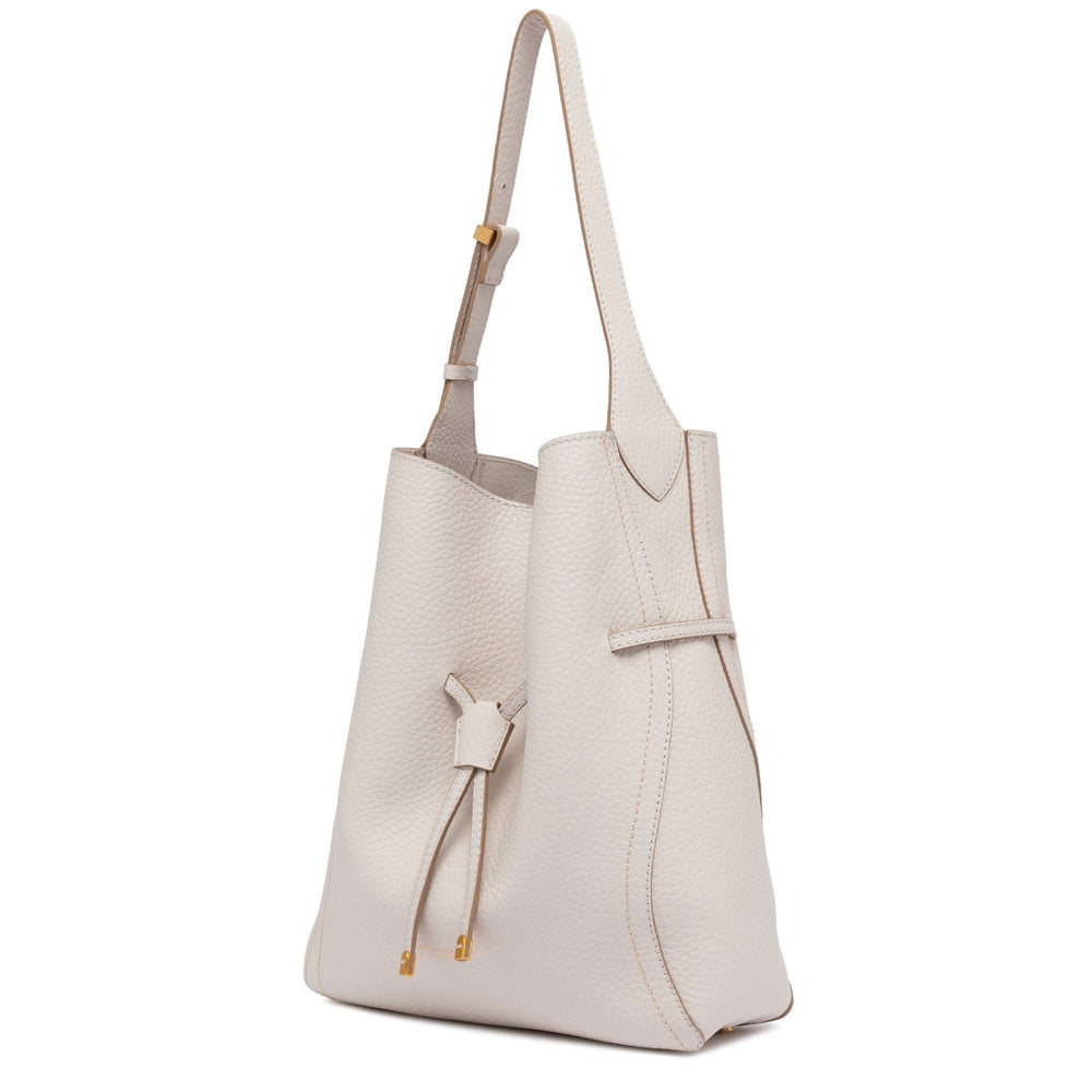 Off-white leather bucket bag with drawstring closure and two top handles