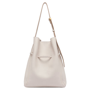 Off-white leather bucket bag with front slip pocket and drawstring cord detail