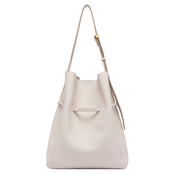 Off-white leather bucket bag with front slip pocket and drawstring cord detail
