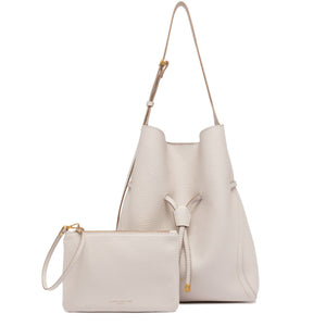 Off-white leather bucket bag with detachable small wristlet pouch and dual handles