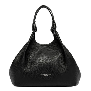 Black leather hobo bag with rounded silhouette and dual top handles