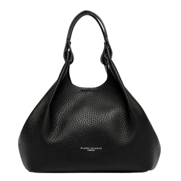 Black leather hobo bag with rounded silhouette and dual top handles