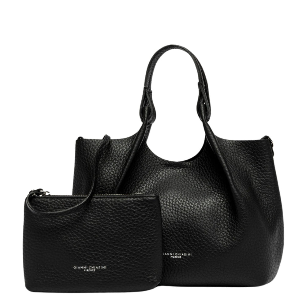 Black leather hobo bag with front zip pouch, dual handles, and short shoulder strap