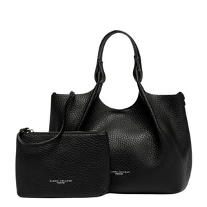 Black leather hobo bag with front zip pouch, dual handles, and short shoulder strap