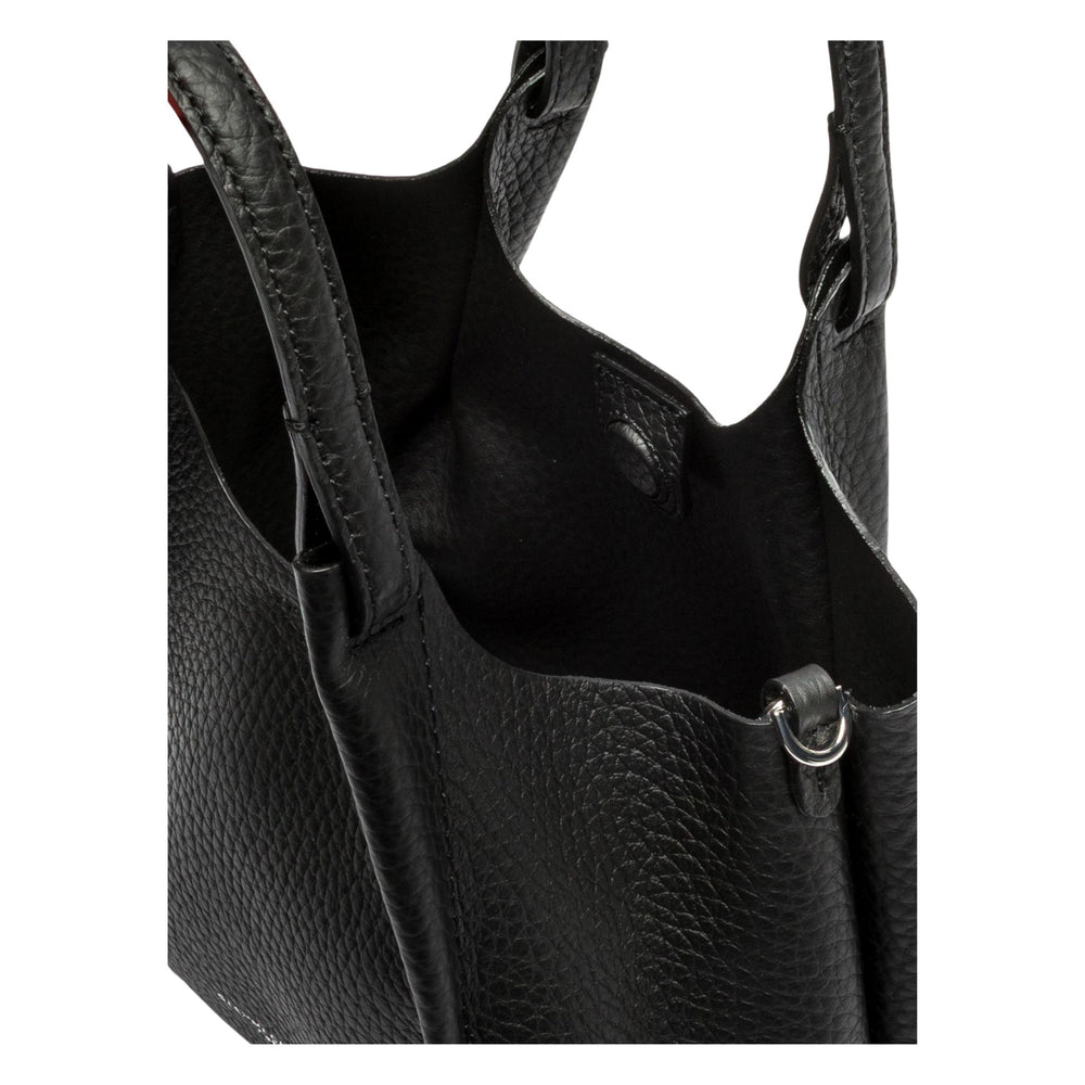 Black leather hobo bag with front zip pouch, dual handles, and short shoulder strap