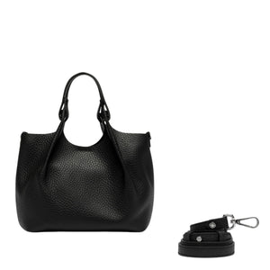 Black leather hobo bag with detachable strap, dual handles, and snap carabiner hardware