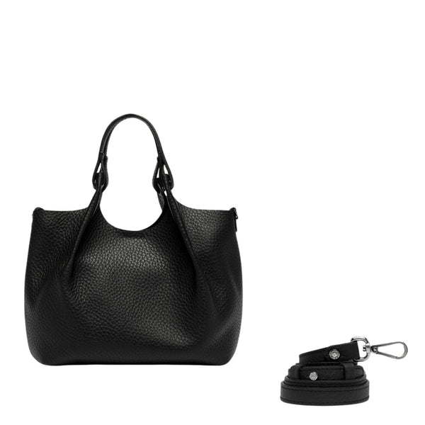 Black leather hobo bag with detachable strap, dual handles, and snap carabiner hardware