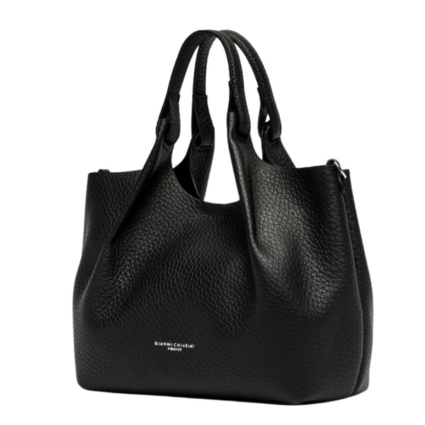 Black leather hobo bag with dual top handles and small front logo detail