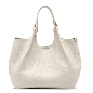 Off white leather hobo bag with structured rounded body and top loop handles