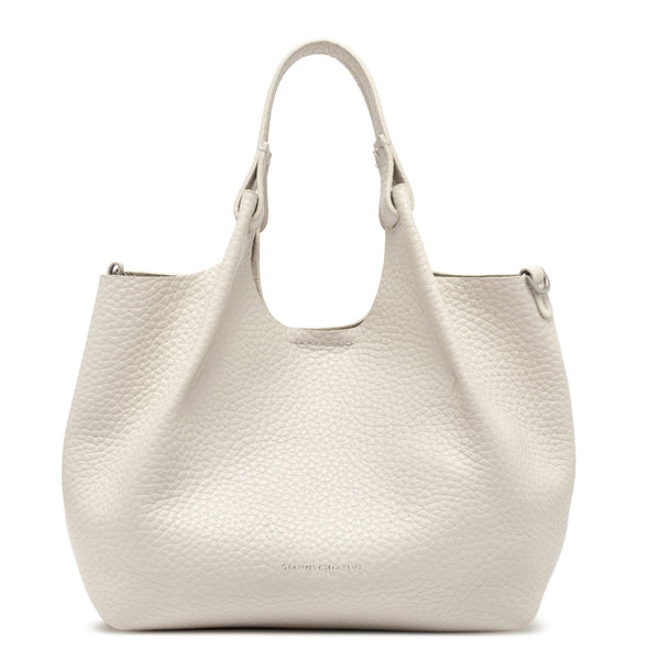 Off white leather hobo bag with structured rounded body and top loop handles