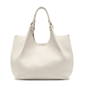 Off white leather hobo bag with pebble-grain texture and wide rounded base