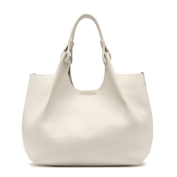 Off white leather hobo bag with pebble-grain texture and wide rounded base