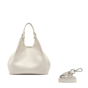 Off white leather hobo bag with top handle and a detachable small zip strap pouch