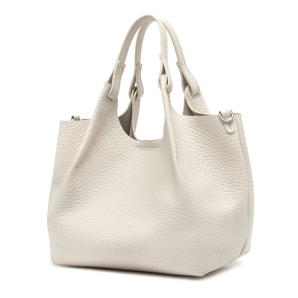 Off white leather hobo bag with top handles and side zip pocket detail