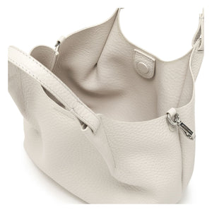 Off white leather hobo bag, textured finish, side zip closure and interior view