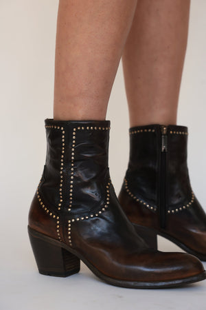 Black leather western ankle boot with gold studs and block heel, side zipper
