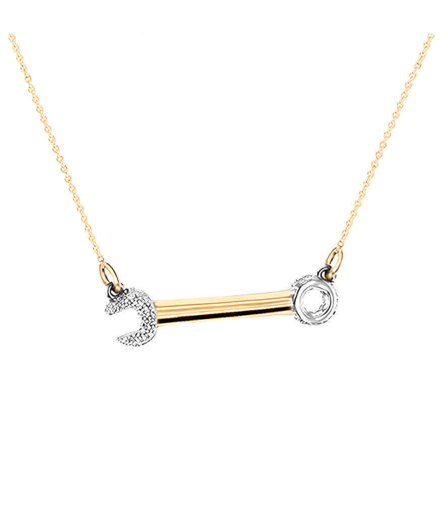 Gold tone necklace with bar pendant and round heart and stone charms on a thin chain