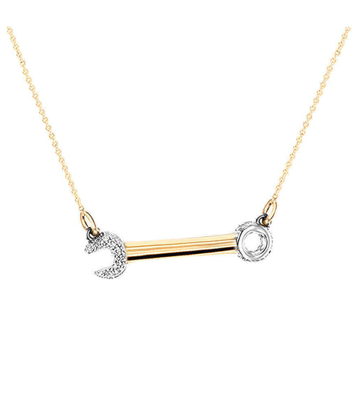 Gold tone necklace with bar pendant and round heart and stone charms on a thin chain
