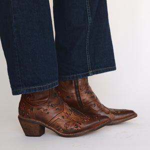 Tan leather ankle boot with floral embroidery and low block heel