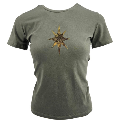 Khaki crewneck T-shirt with glittery star graphic on back