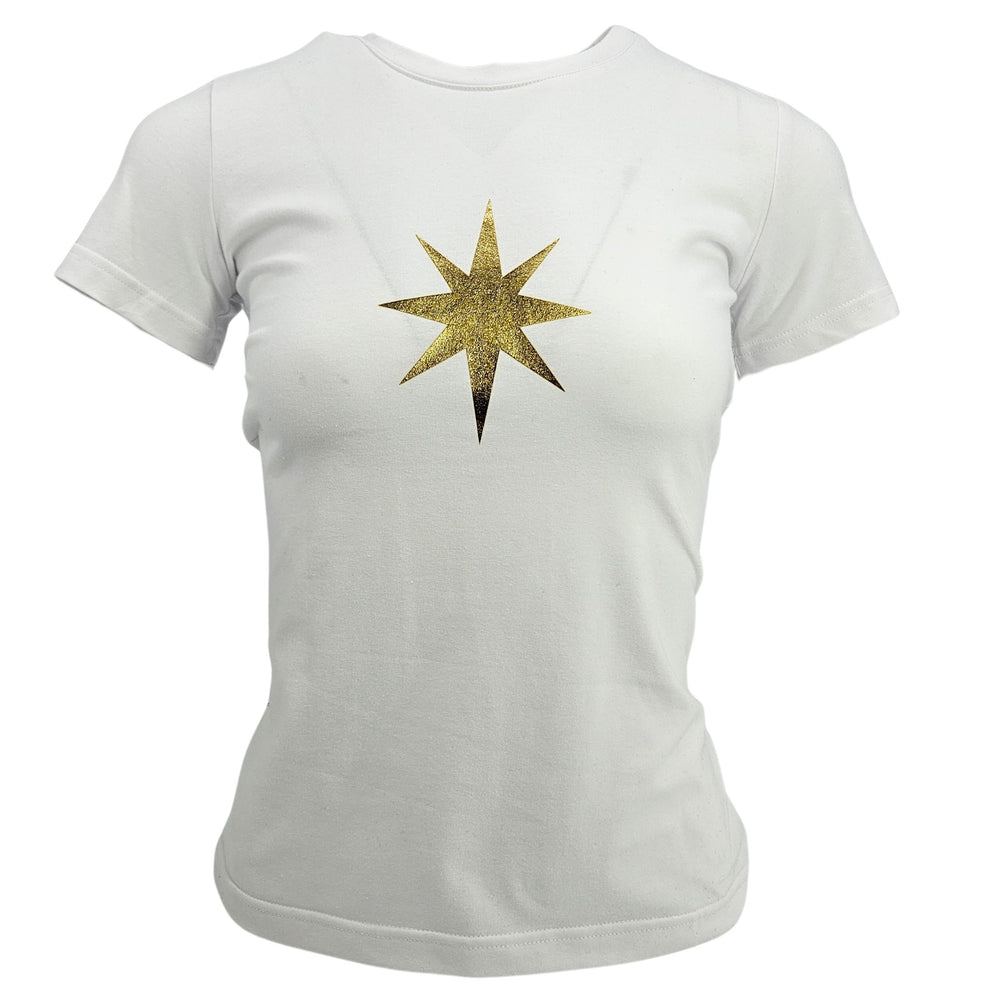 White graphic T-shirt for women with gold star front print