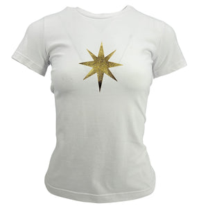 White graphic T-shirt for women with gold star front print