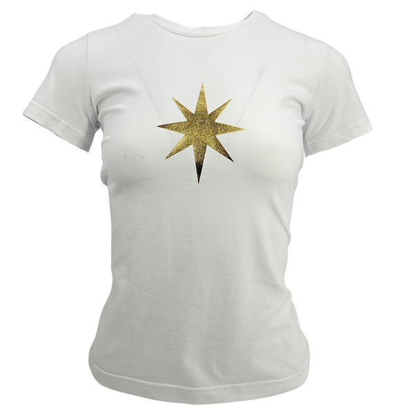 White graphic T-shirt for women with gold star front print