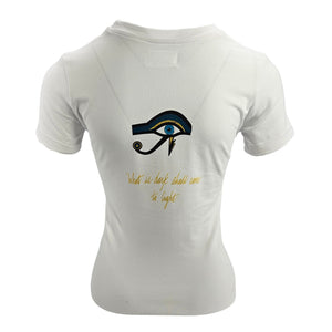 White women's T-shirt with eye graphic and small text on back