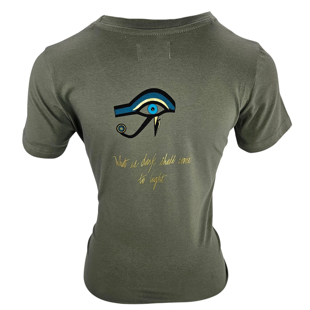 Khaki crewneck T-shirt with colorful one-eye chest graphic