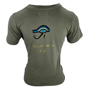 Khaki crewneck T-shirt with colorful one-eye chest graphic
