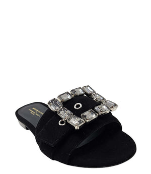 Black suede slide sandal with jeweled square buckle centerpiece