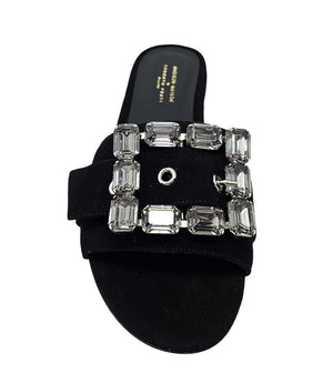 Black suede mule sandal with large rectangular jeweled buckle