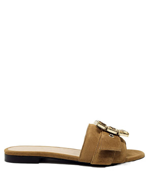 Khaki suede slide sandal with jeweled buckle detail and flat dark sole