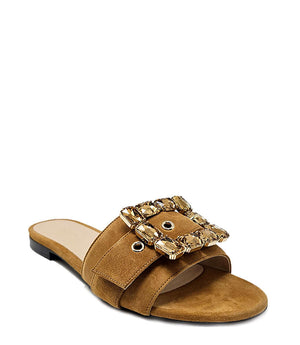 Khaki suede slide sandal with jeweled front strap and low slip-on sole