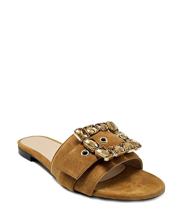 Khaki suede slide sandal with jeweled front strap and low slip-on sole