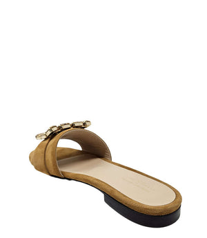 Khaki suede flat sandal with open toe and jeweled strap across foot