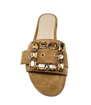 Khaki suede slide sandal with square jeweled buckle and metal eyelets