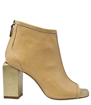 Nude gold peep-toe ankle heel sandal with side zipper and textured block heel