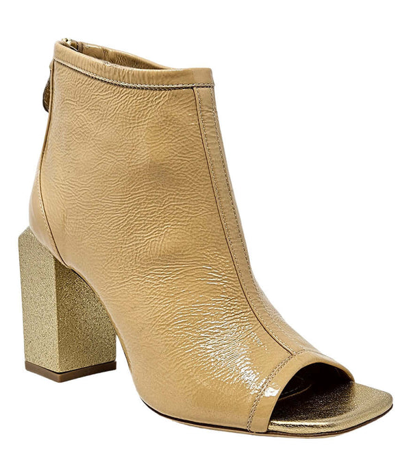 Nude gold peep-toe ankle sandal with block heel and side zipper closure