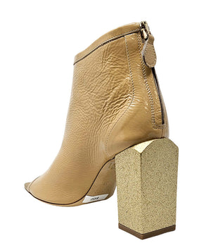 Nude gold peep-toe ankle sandal, chunky block heel and side strap detail