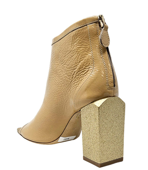 Nude gold peep-toe ankle sandal, chunky block heel and side strap detail