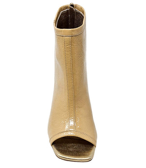 Nude gold peep-toe ankle heel sandal with open front and tall shaft