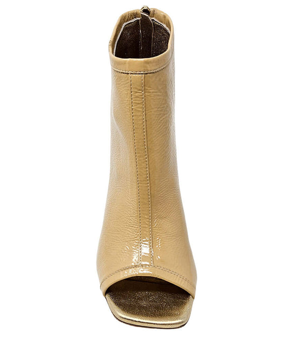 Nude gold peep-toe ankle heel sandal with open front and tall shaft
