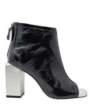 Black glossy peep-toe ankle sandal with block heel and side tie detail